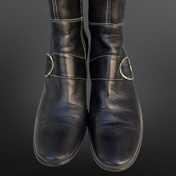Y2K Knee High Tall Boots Size 9.5 Black Leather Buckle Stiletto Heels EUR 40 - Picture 7 of 11